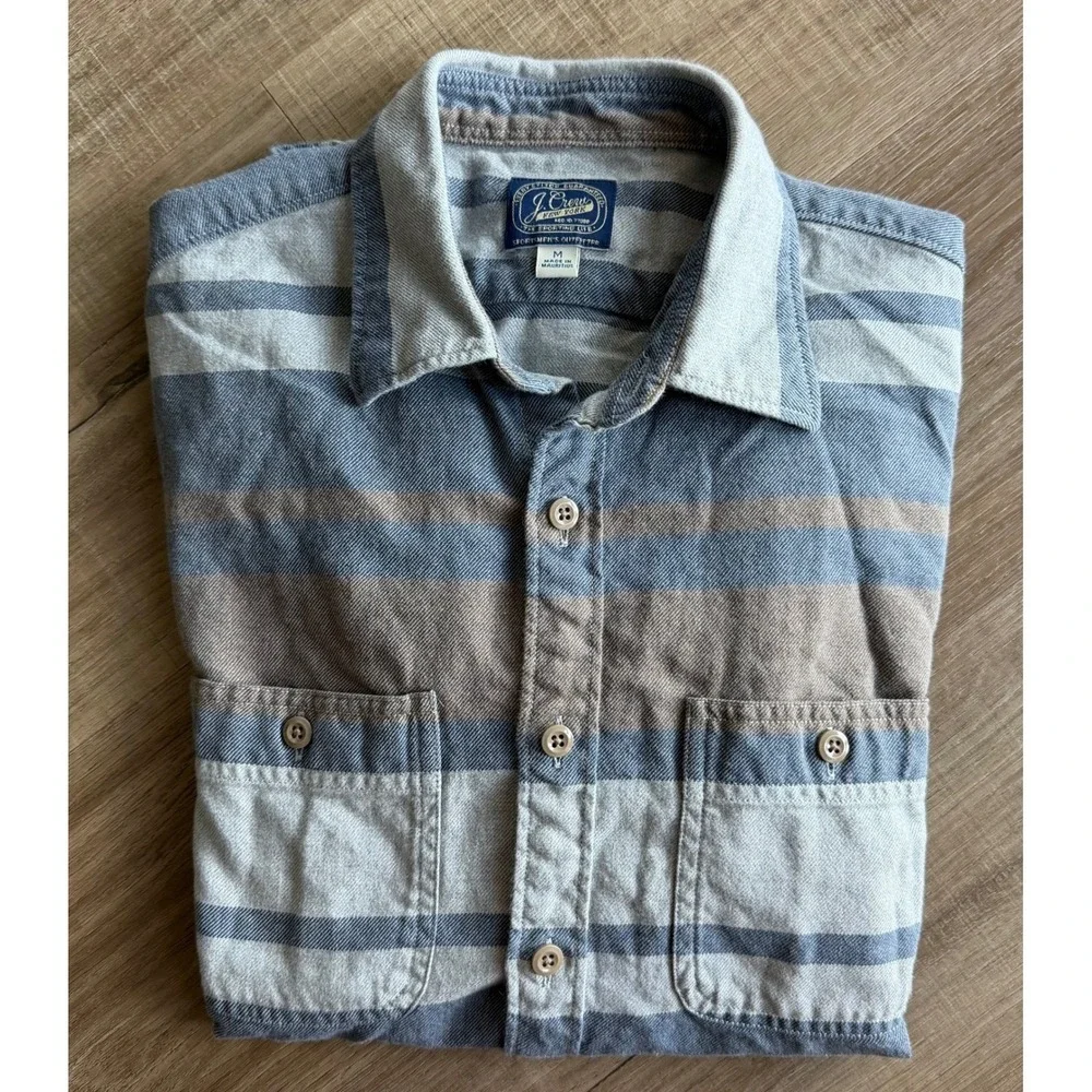 J. Crew Mens Striped Cotton Twill Button Down Shirt‎ Blue Brown Medium RN77388